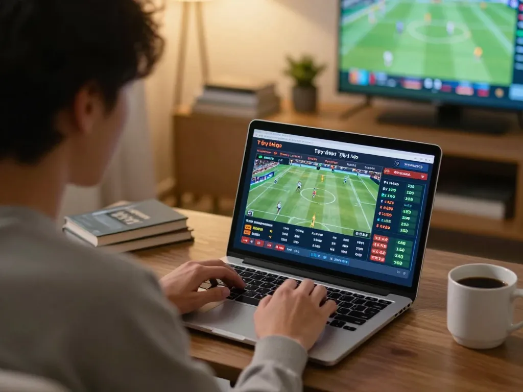 Engaging with tỷ lệ kèo while analyzing sports bets at home on a laptop.
