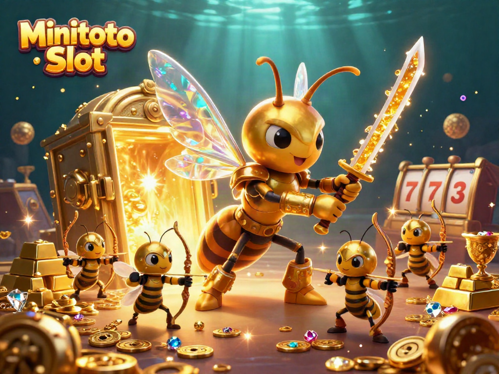 Gambarkan Minitoto Slot dengan hornet emas dalam armor, dikelilingi reaksi jackpot berkilau.