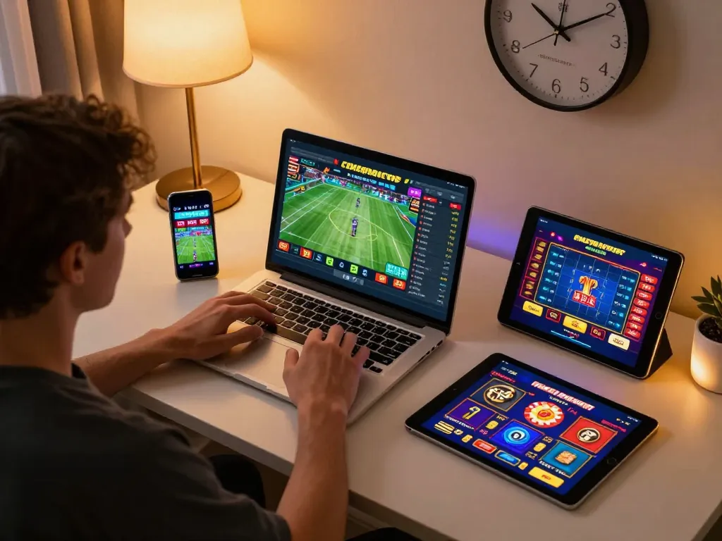 Engaged user betting on sports at home using 98win com for exciting online gambling.
