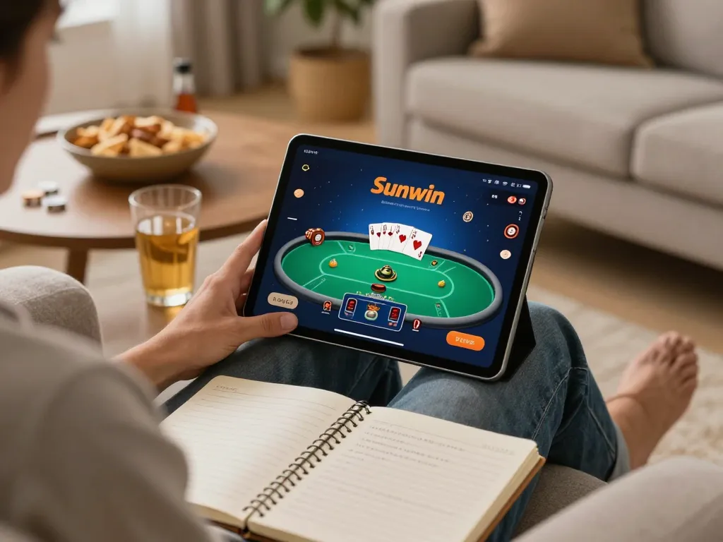 Sunwin user engaging in online poker session at home with tablet, focused on strategy.