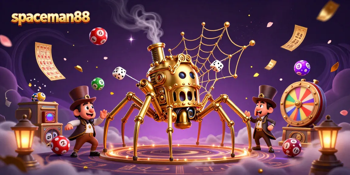 Experience the thrill of spaceman88 with a vibrant steampunk spider web capturing exciting casino elements.