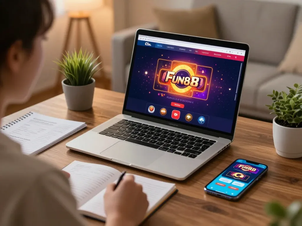 Engaging with the Fun88 casino interface on a laptop in a cozy home setting for responsible online gambling.