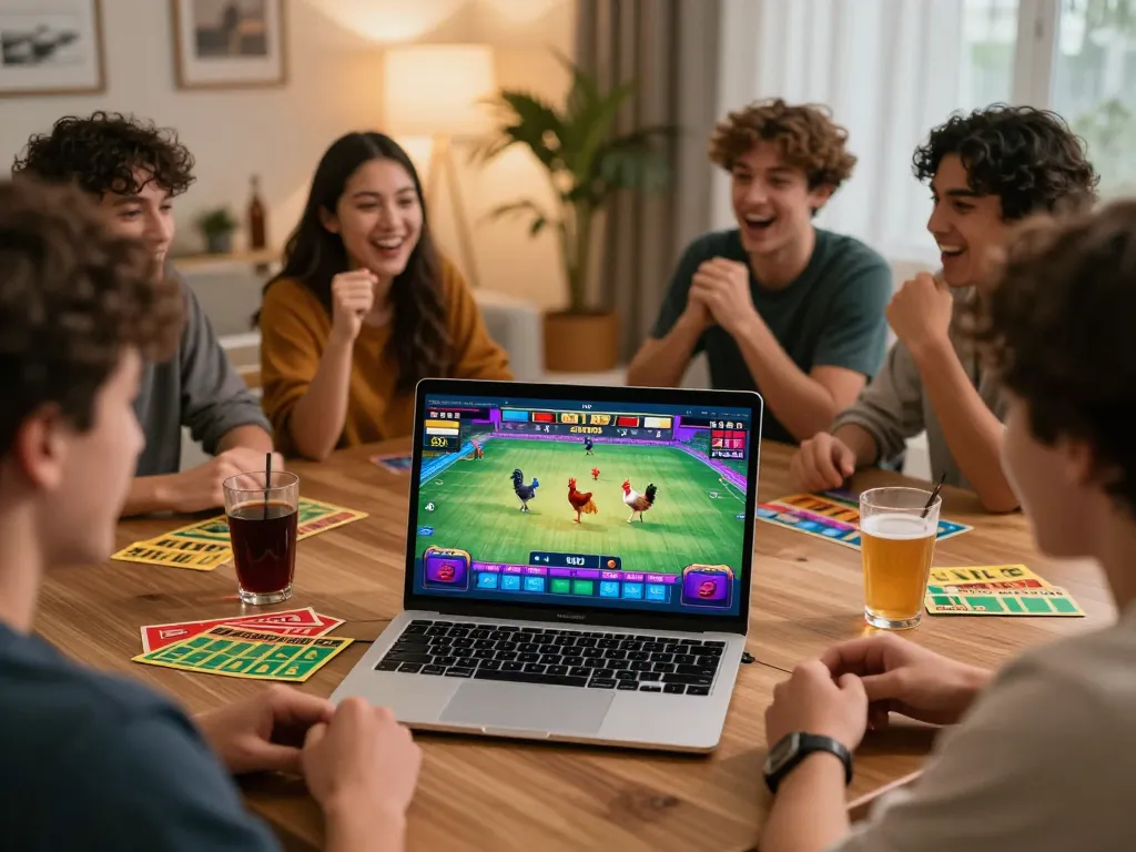 Participating in đá gà thomo live betting on a laptop with engaged friends at home.