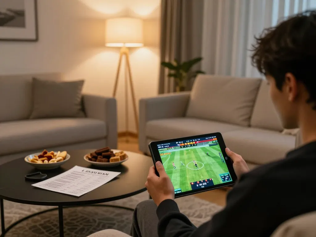 Cakhiatv user enjoying online football betting on tablet, cozy home atmosphere with snacks