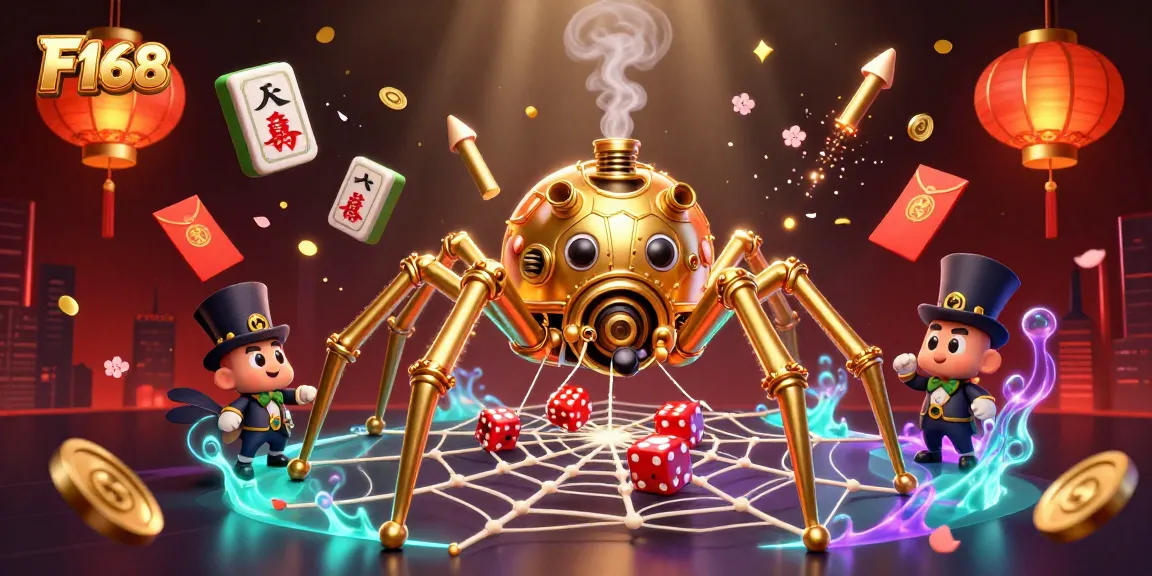 F168 players spin the dice caught in a spider's web of chance and rewards in this detailed casino illustration.