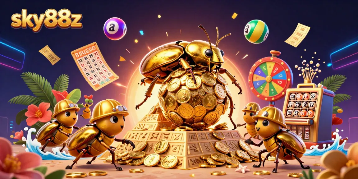 Participate in vibrant lottery activities with sky88z’s exciting scene featuring golden beetles and dynamic game elements.