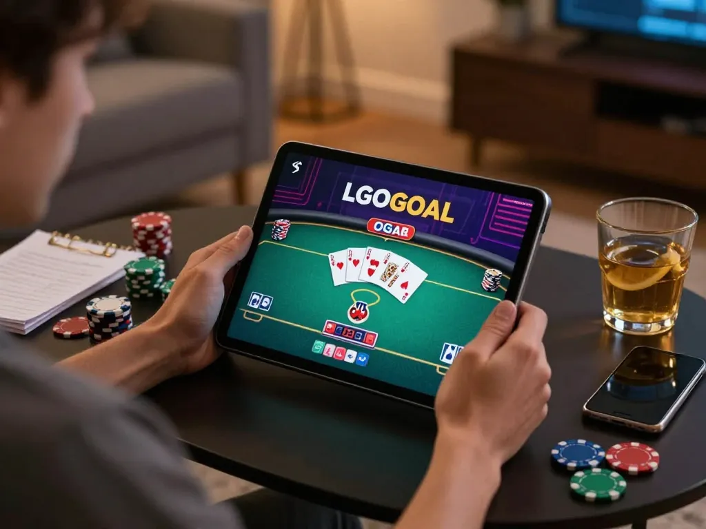 Engage in online poker gameplay on LGOGOAL in a cozy home setup with strategy notes.