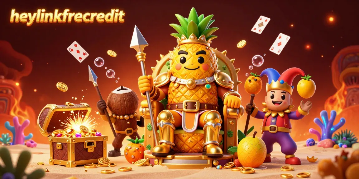 Discover gameplay opportunities with heylinkfreecredit in this vibrant 3D casino illustration featuring a golden pineapple king and friends.
