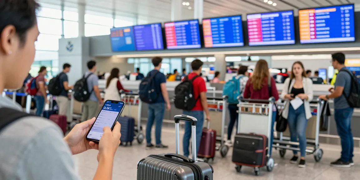 Current airport scene with a traveler checking AA 88 flight status.
