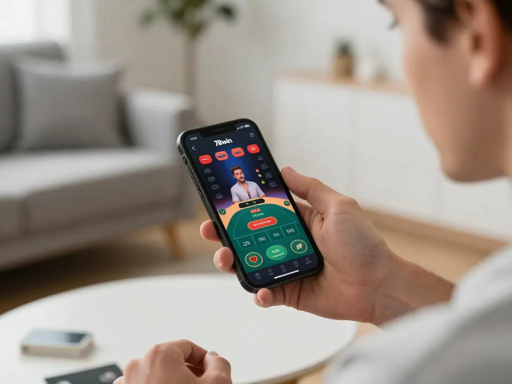 Player enjoying gameplay on the 78win app in a cozy home setting, fully engaged in the gaming experience