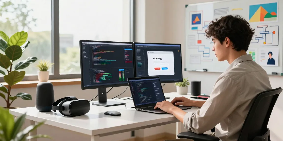 Engaged professional coding on multiple screens displaying coloksgp login analytics in an inspiring tech workspace.