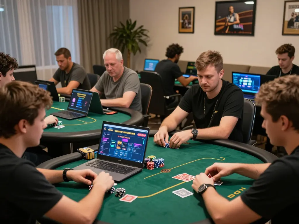 Players engaging in dynamic online poker gameplay at home, showcasing XX88 strategic moments in a cozy setting.