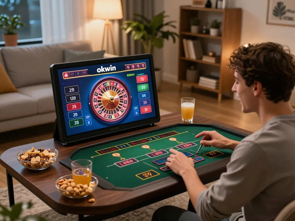 Player enjoying live dealer game on tablet at home, immersed in okwin online gaming experience.
