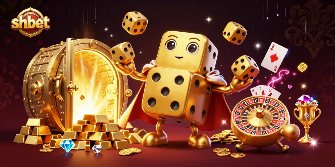 Engage with shbet in a vibrant, ultra-detailed 3D illustration showcasing a golden dice golem and dynamic casino elements.