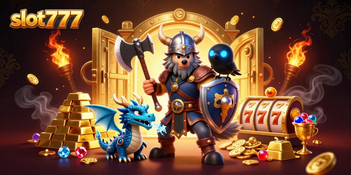 Experience excitement at slot777 with a Viking wolf warrior, dragon, and treasures!