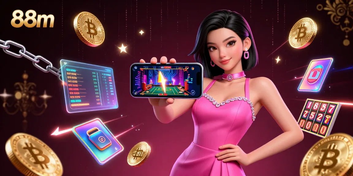 Engage with 88m in a vibrant 3D casino scene showcasing a live dealer game and dynamic crypto elements.