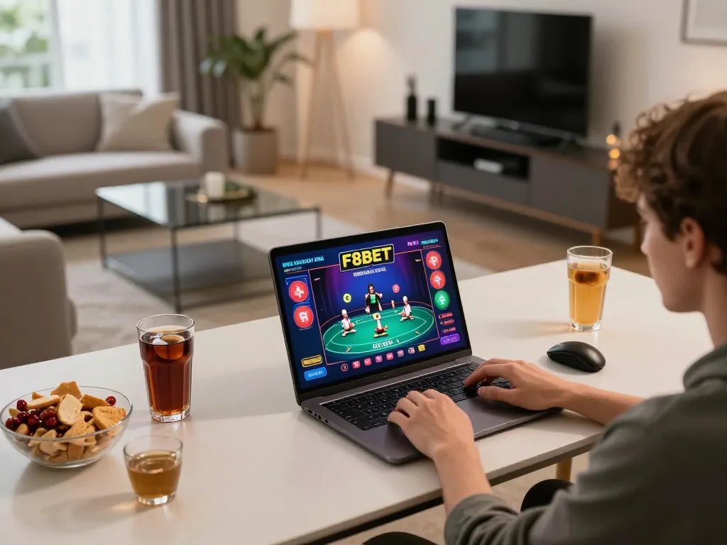 Engaging poker gameplay on F8BET featuring vibrant action on a laptop screen in a cozy home setting