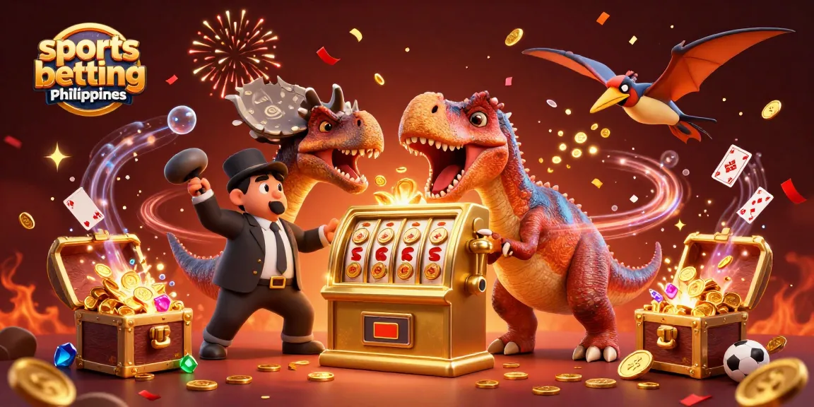 Engage in sports betting Philippines with a vibrant scene of dinosaurs and a golden slot machine.