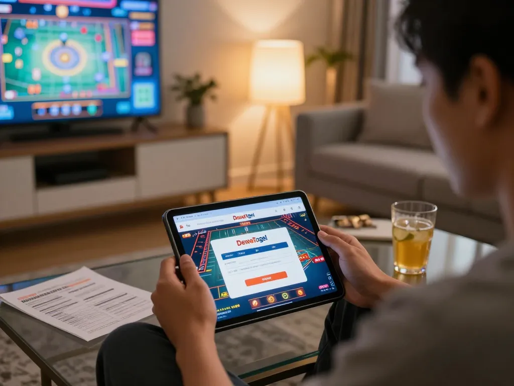 Dewatogel Login Link Alternatif featuring a player engaging in online gambling on a tablet in a cozy home