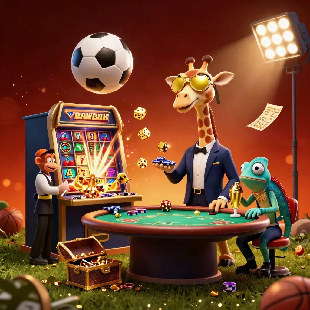 Ground-level soccer ball blast with casino animals, slot burst, gold glow, crimson haze.