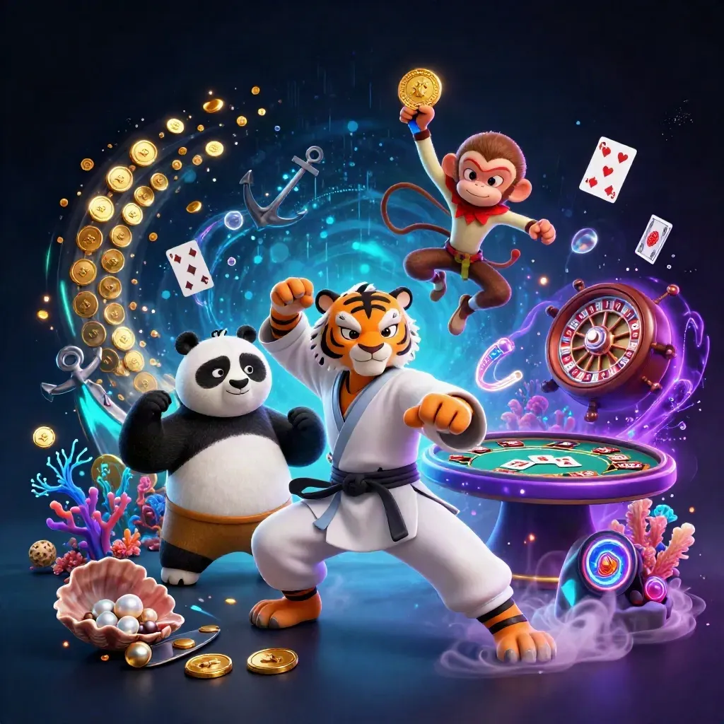 Kung-fu tiger, panda, and monkey in a glowing underwater casino treasure cove.