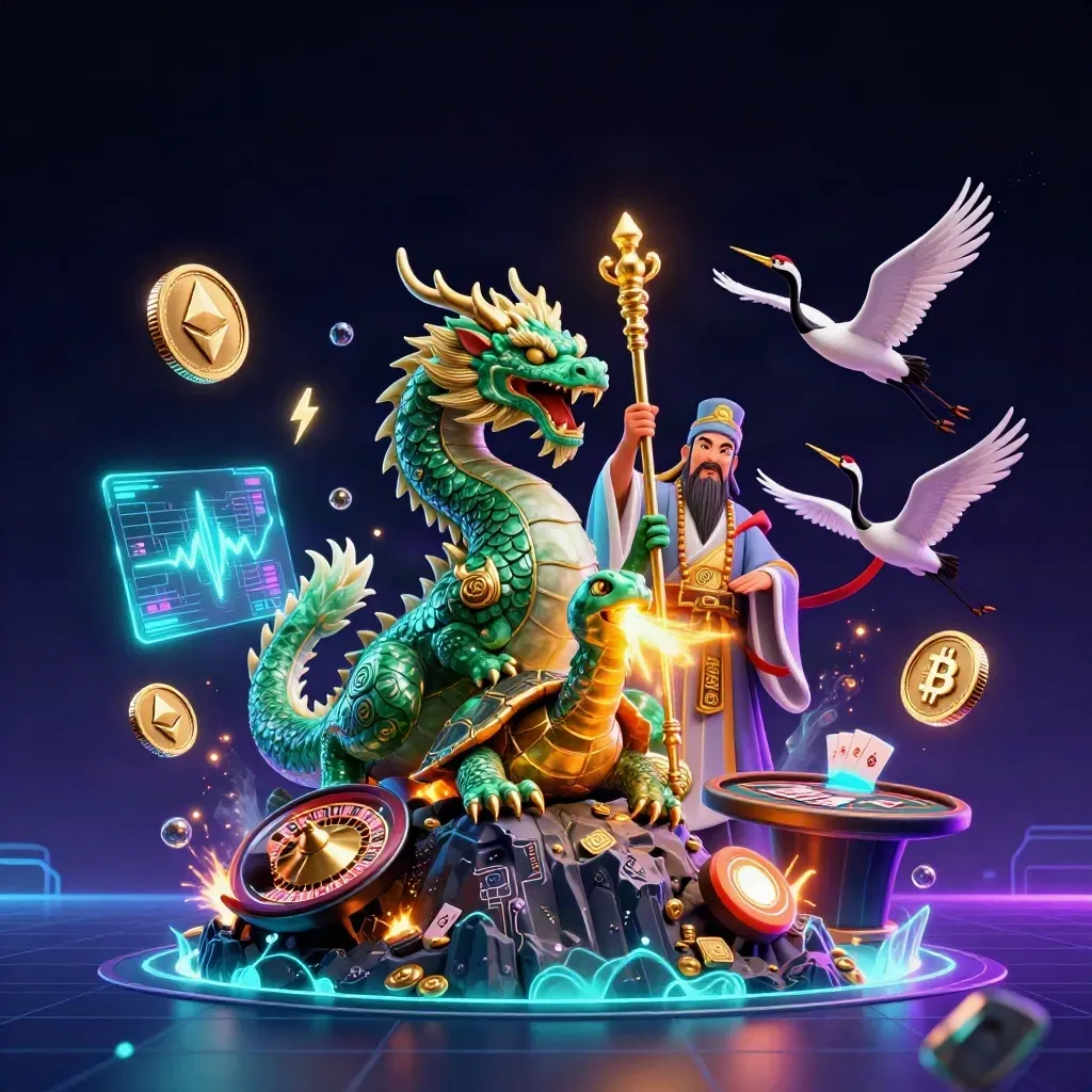 Emerald dragon, turtle sage, and cranes amid casino neon, coins, lightning, and treasure