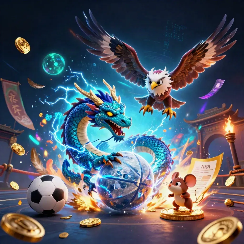 Thunder dragon, hawk, and mouse explode around a glowing basketball in neon casino style.