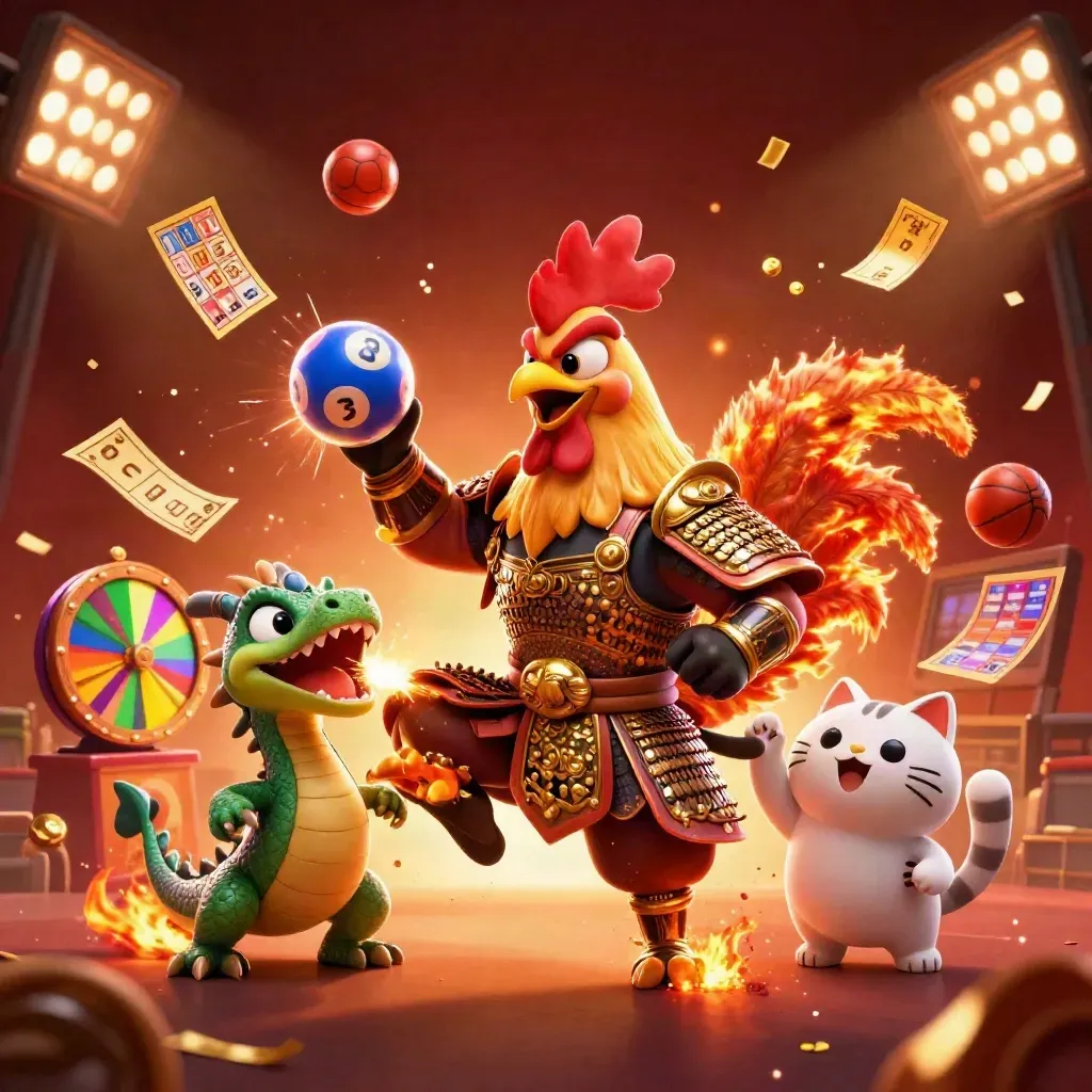 Rooster warrior, dragon hatchling and fortune cat burst amid casino tokens and blazing lights.