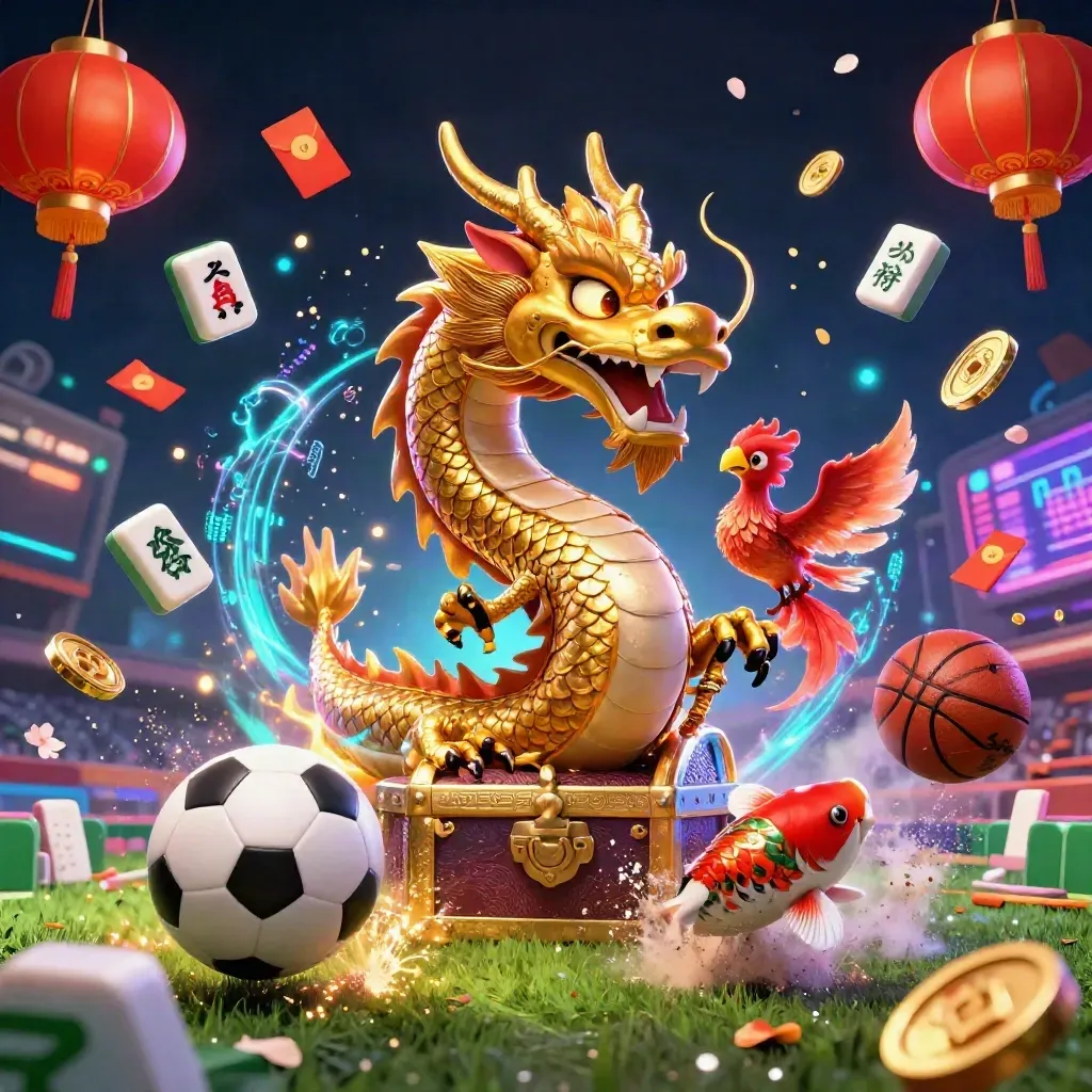 Golden dragon, phoenix, koi, sports balls, lanterns, coins, and casino sparks in neon dark blue.