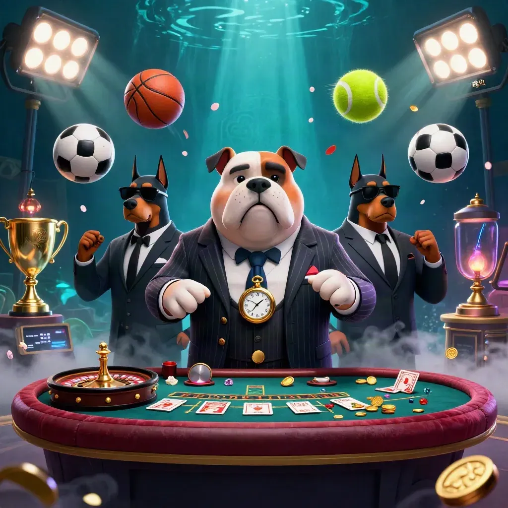 Cartoon mafia bulldog with Dobermans amid casino lights, coins, petals, and glowing tables.