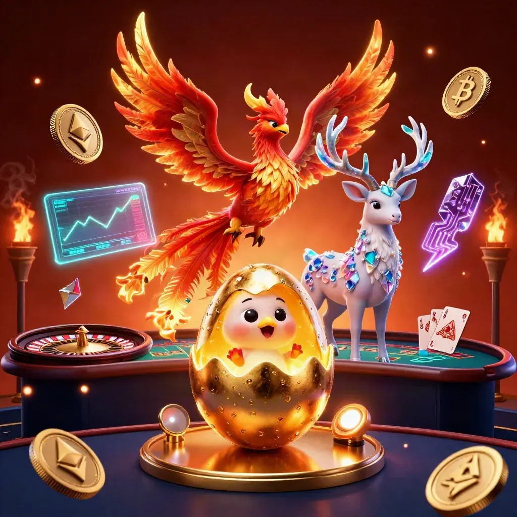 Phoenixes and a crystal stag amid casino glow, coins, tech sparks, roulette, and ember-lit luxury.