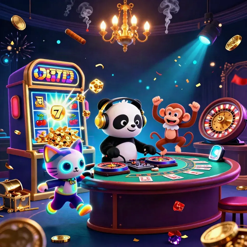 DJ panda, breakdancing monkey, and glow-stick kitten amid casino bursts and gold-lit smoke.