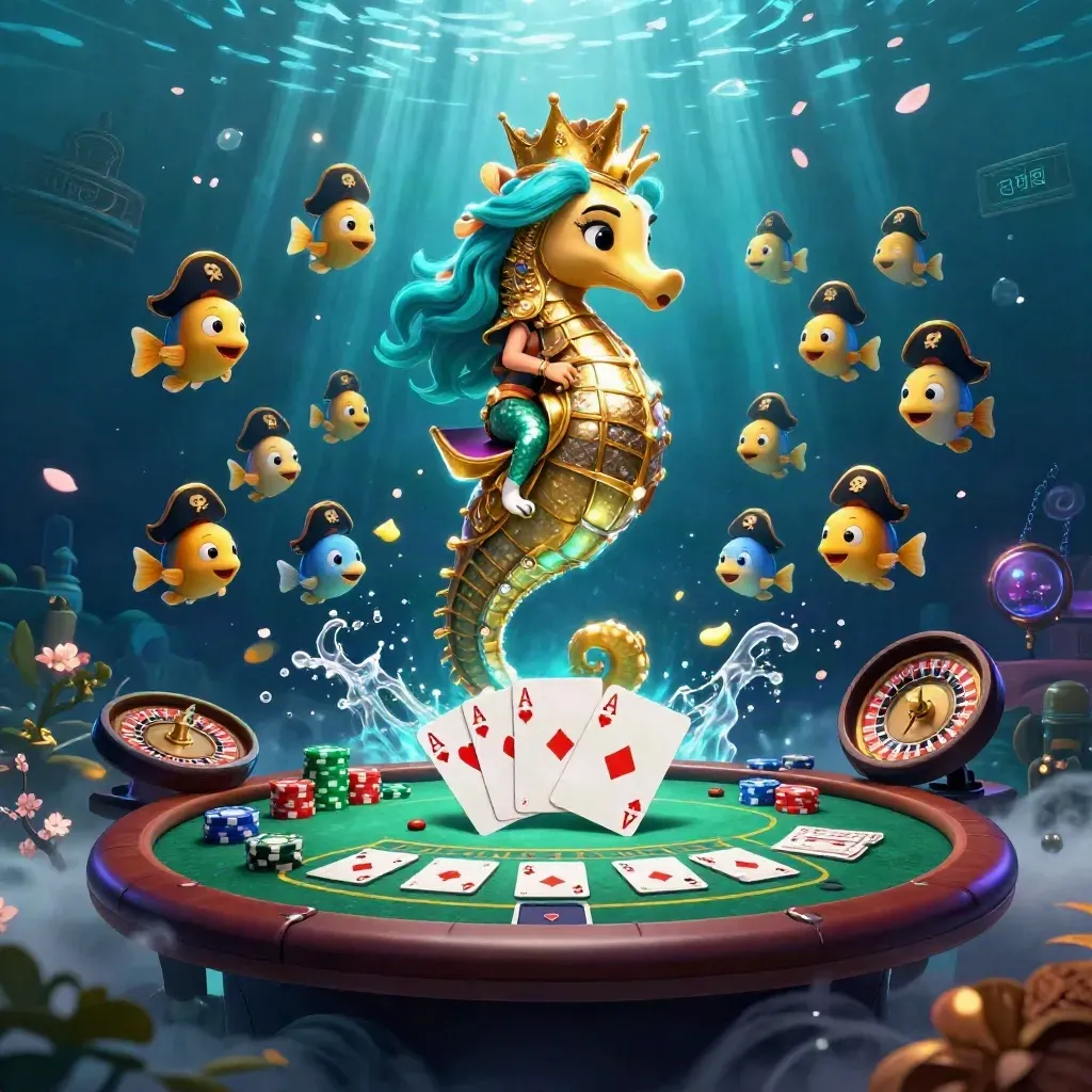Mermaid princess riding a golden seahorse amid casino cards, chips, and underwater glow.