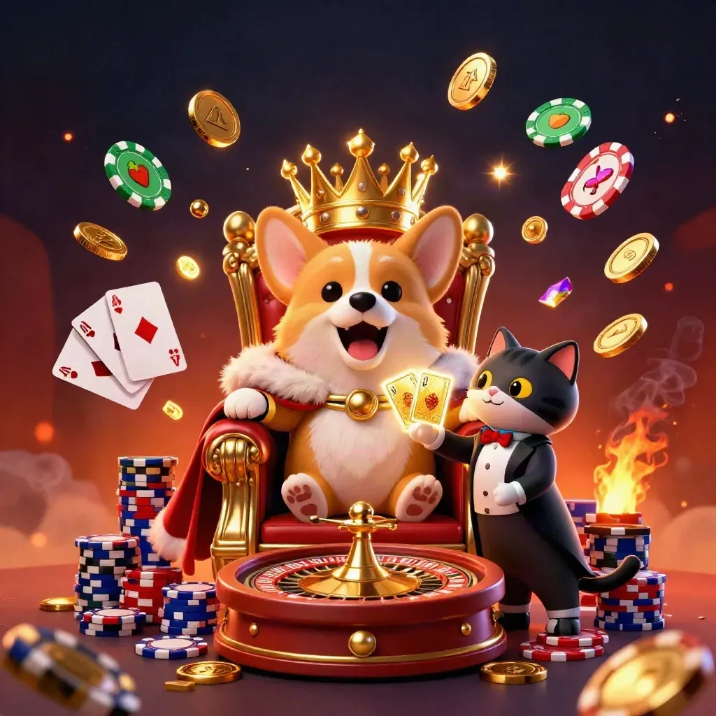 Royal corgi and cat butler amid casino treasure, chips, cards, roulette and neon violet fire.