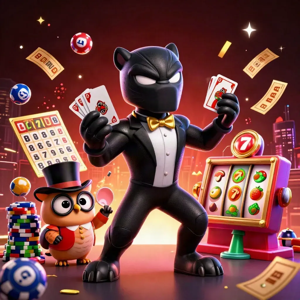 Panther, owl, and mouse deal cards amid chips, reels, sparks, and casino treasure
