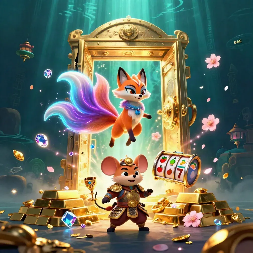 Fox spirit and gold-armored mouse burst from a vault with gems, petals, and neon violet magic.