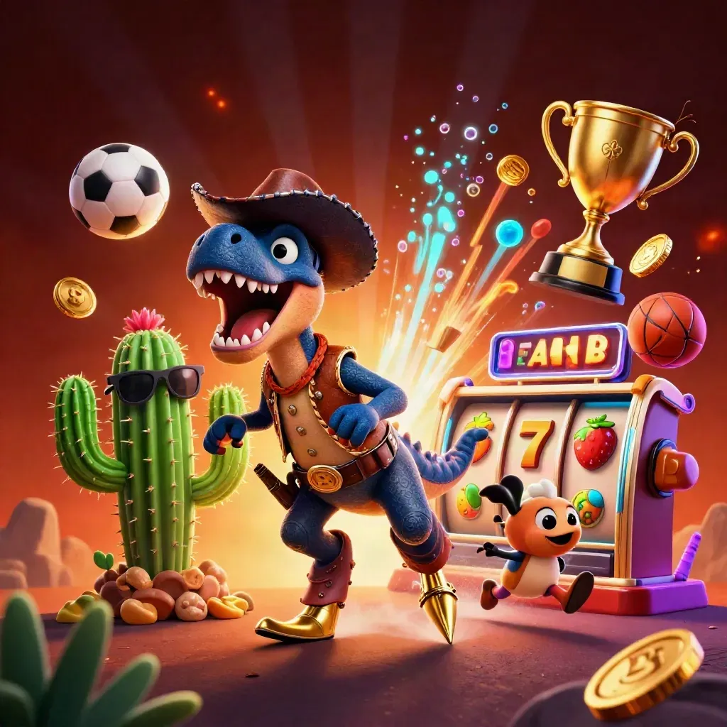Cowboy T-Rex, cactus sidekick, and roadrunner amid casino treasure, sports balls, and neon glow.