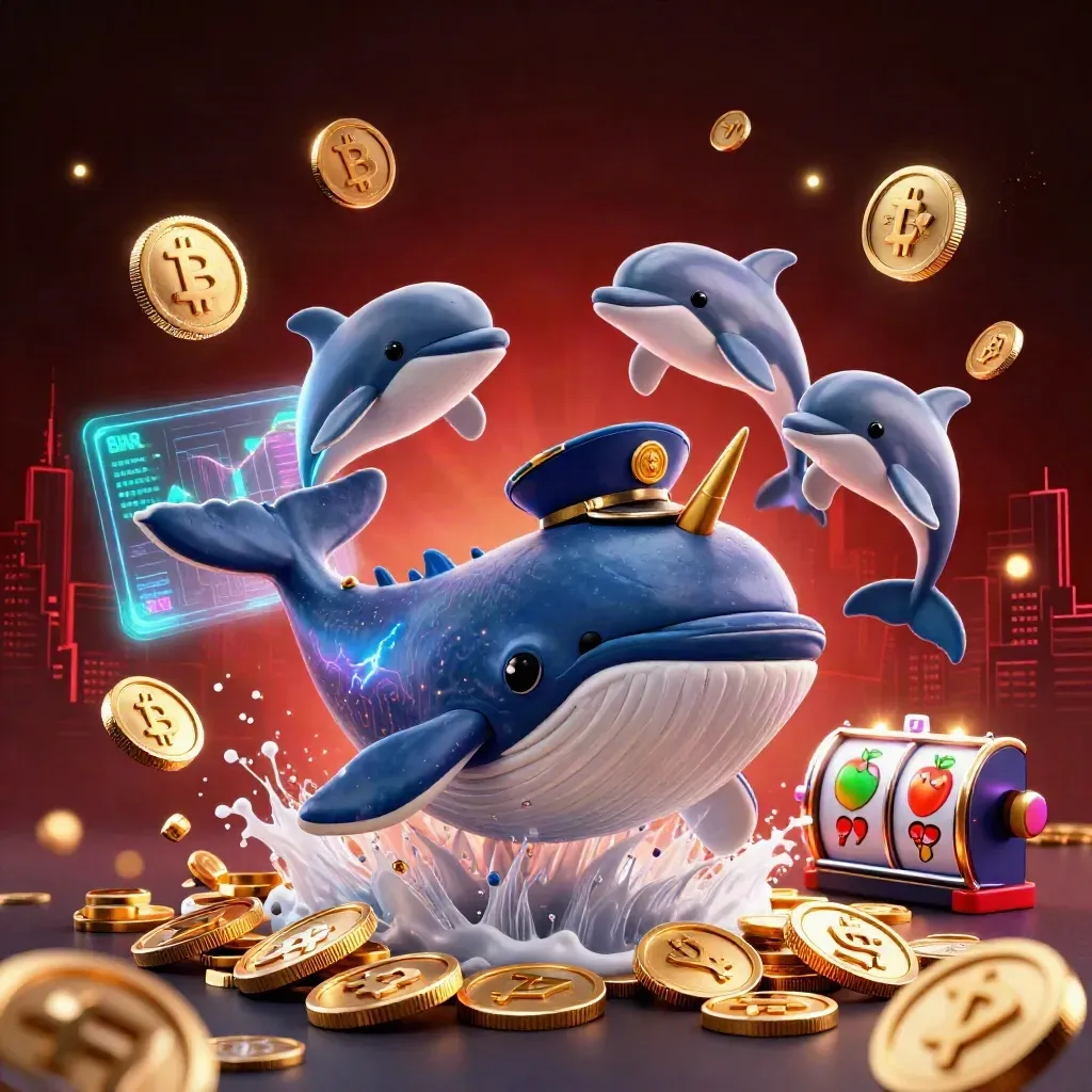 Whale captain, narwhal, and dolphins burst from coins amid neon casino tech and glowing gems.