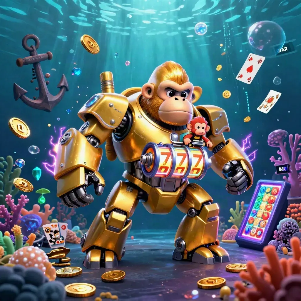 Golden gorilla mech with tiny monkey pilot exploding from an underwater treasure cove with neon violet glow