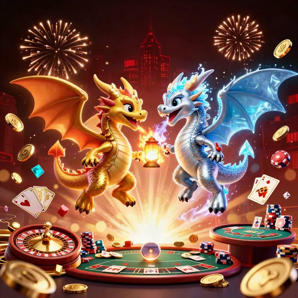 Twin gold and silver dragons, coins, gems, roulette wheel, and casino glow in a dark luxe burst.