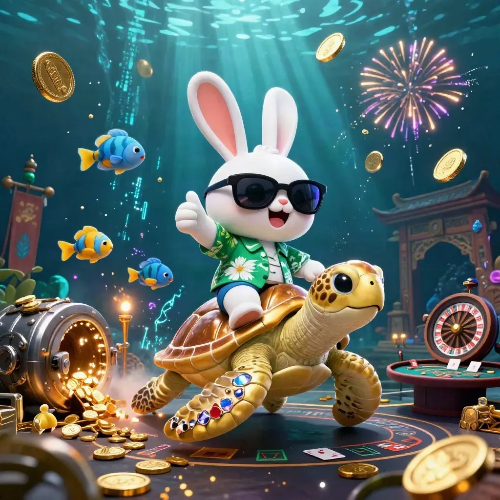 Lucky rabbit rides a gold turtle amid coins, fireworks, roulette, cards, and neon casino glow.