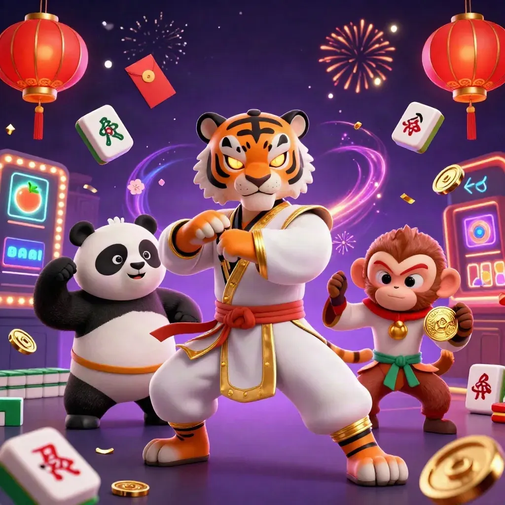 Kung-fu tiger, panda, and monkey amid casino charms, coins, fireworks, and neon energy