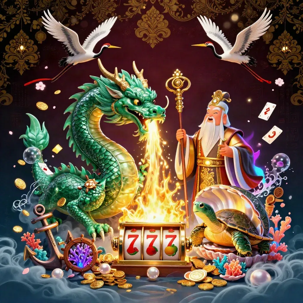 Emerald dragon with turtle sage and cranes amid casino treasure, coins, cards, and glowing fire
