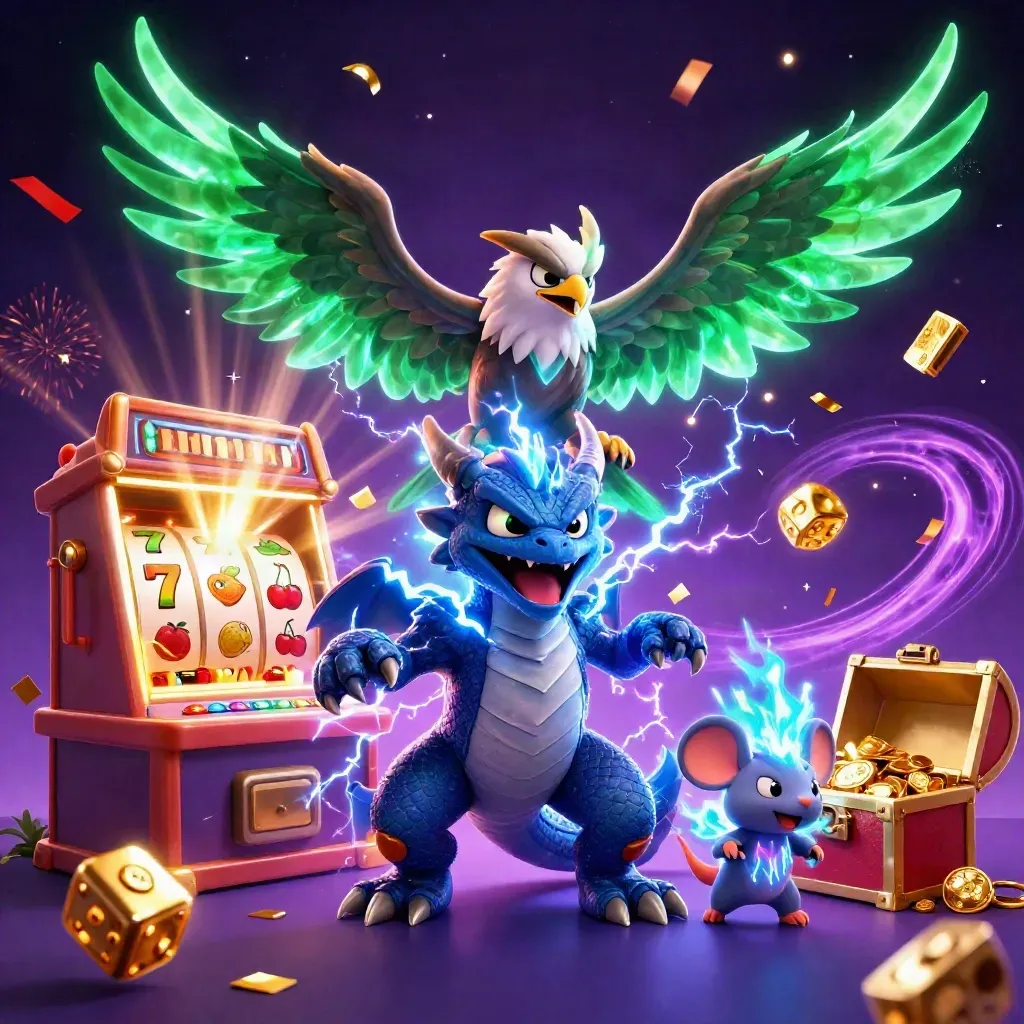 Thunder dragon, wind hawk, and crackling mouse amid slots, gold, and casino magic.