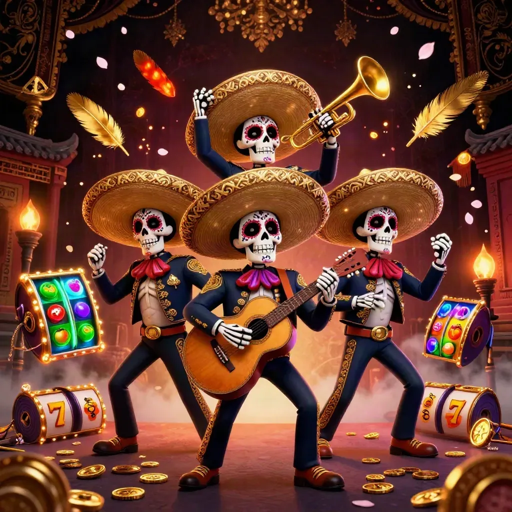 Skeleton mariachi trio amid casino reels, gold coins, temple gate, and neon-violet glow.