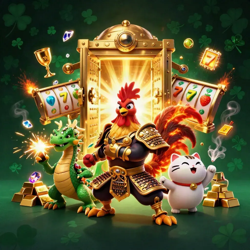 Rooster samurai, spark-breathing dragon hatchling and fortune cat amid casino treasure and reels.