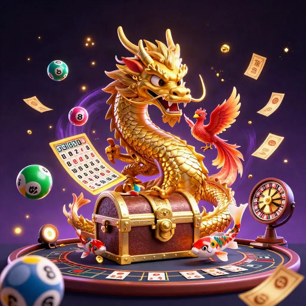 Golden dragon, phoenix, and koi with casino wheels and glowing treasure chest