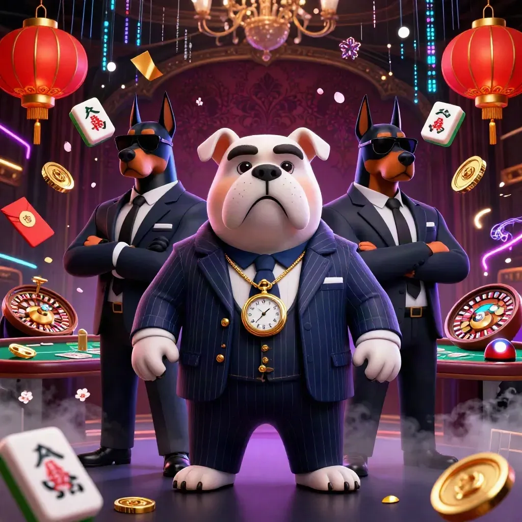 Bulldog mob boss with two Dobermans amid glowing casino luck symbols and cards