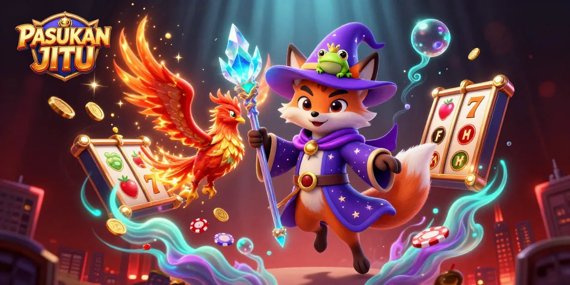Experience the thrill of PASUKAN JITU with a captivating 3D casino scene featuring a wizard fox and vibrant game elements.