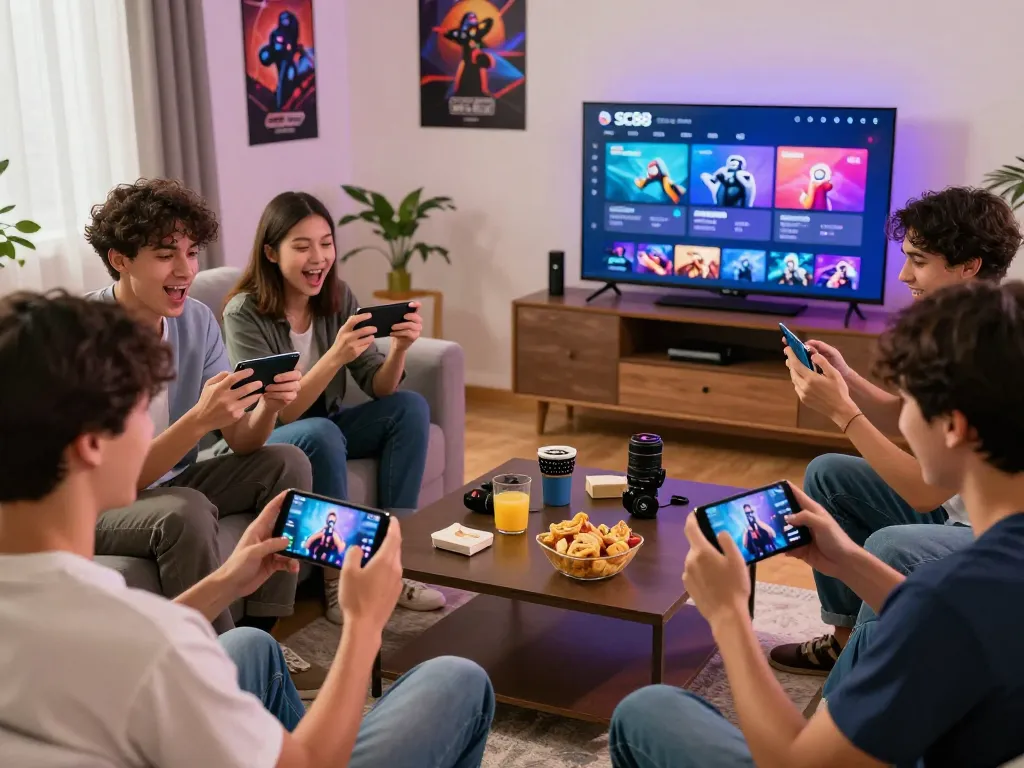 Online gamers enjoying SC88 platform on mobile devices in a lively living room.
